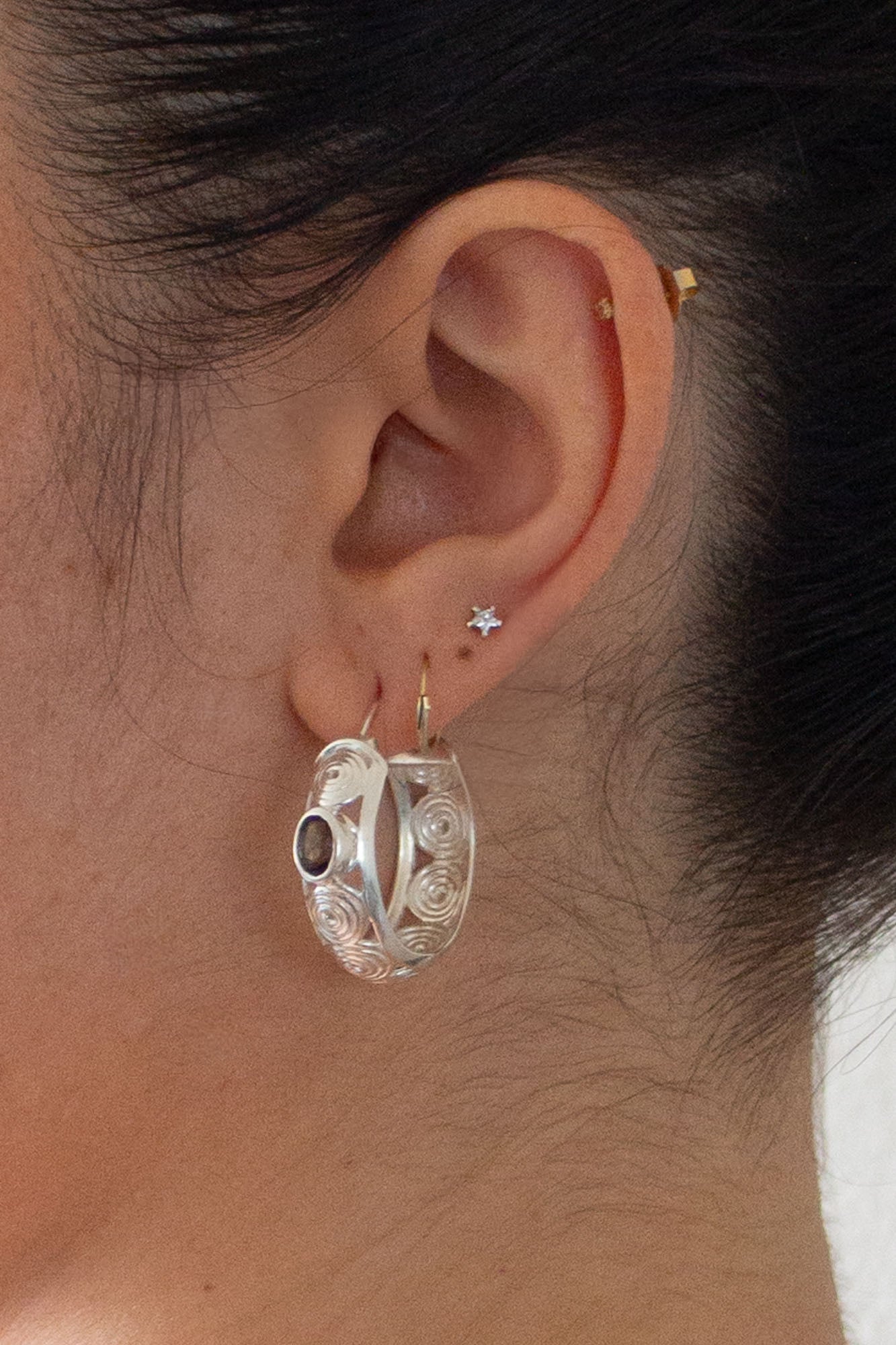 Smokey Quartz Swirly Hoops